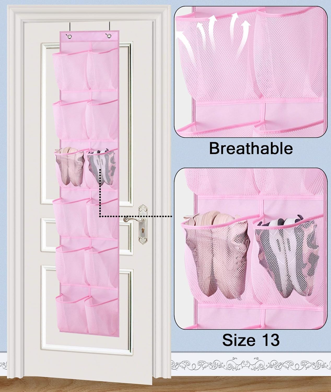 MISSLO Over The Door Shoe Organizer 12 Large Mesh Pockets Hanging Narrow Closet Door, White, 2 Pack