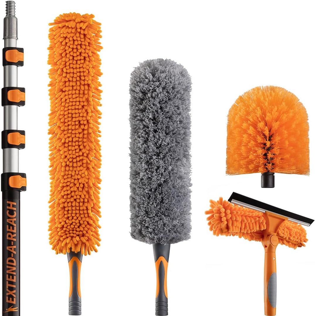 30 Foot High Reach Duster Kit with 5-24 ft Extension Pole // High Ceiling Dusting and Window Cleaning Kit with Telescopic Pole // Window Washer & Squeegee, Cobweb Duster, Fan Blade and Feather Duster