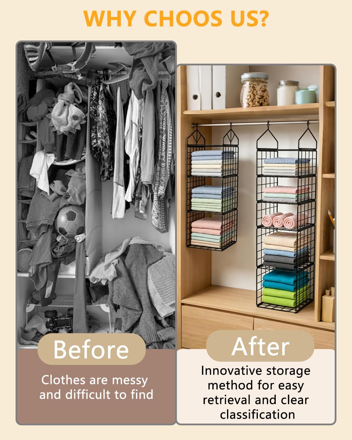 2 Pack Hanging Closet Organizer and Storage, 5 Tier & 3 Tier Metal Wire Closet Shelves with 8 S Hooks, Hanging Storage Shelf for Clothes Shoes Sweaters Handbags Laundry