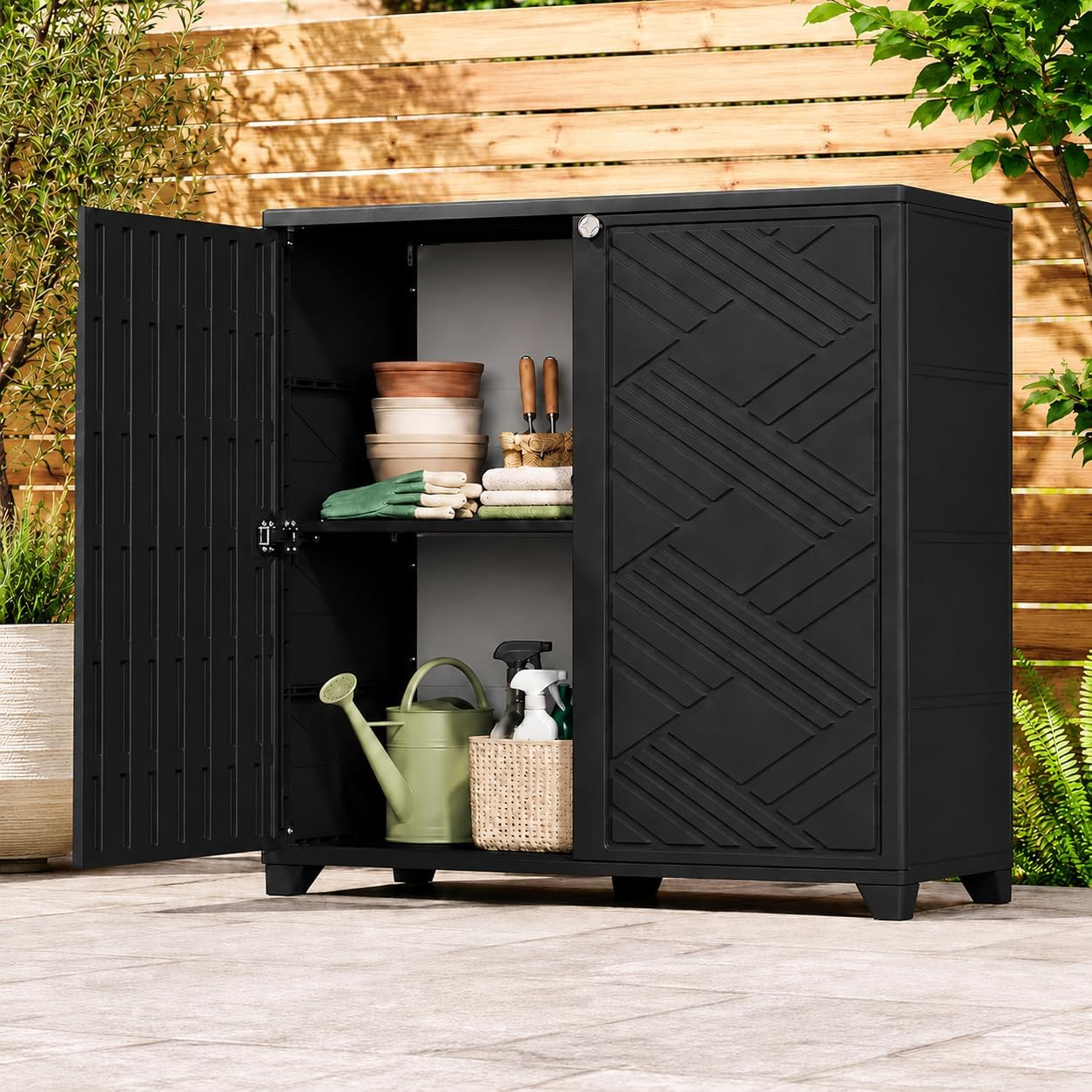 ADDOK Outdoor Storage Cabinet,60 Gallon Waterproof Resin Patio Storage Cabinet with 1 Adjustable Metal Shelf, Upright Outdoor Cabinet for Garden Tools, Pool Supplies, Toys, Porch and Garage