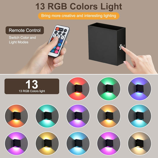 Lightess RGB Rechargeable Wall Sconces Set of Two with Remote Control, 13 Colors LED Cordless Wall Lights, Dimmable Wall Lamp for Bedroom, Living Room, Hallway (Gold)