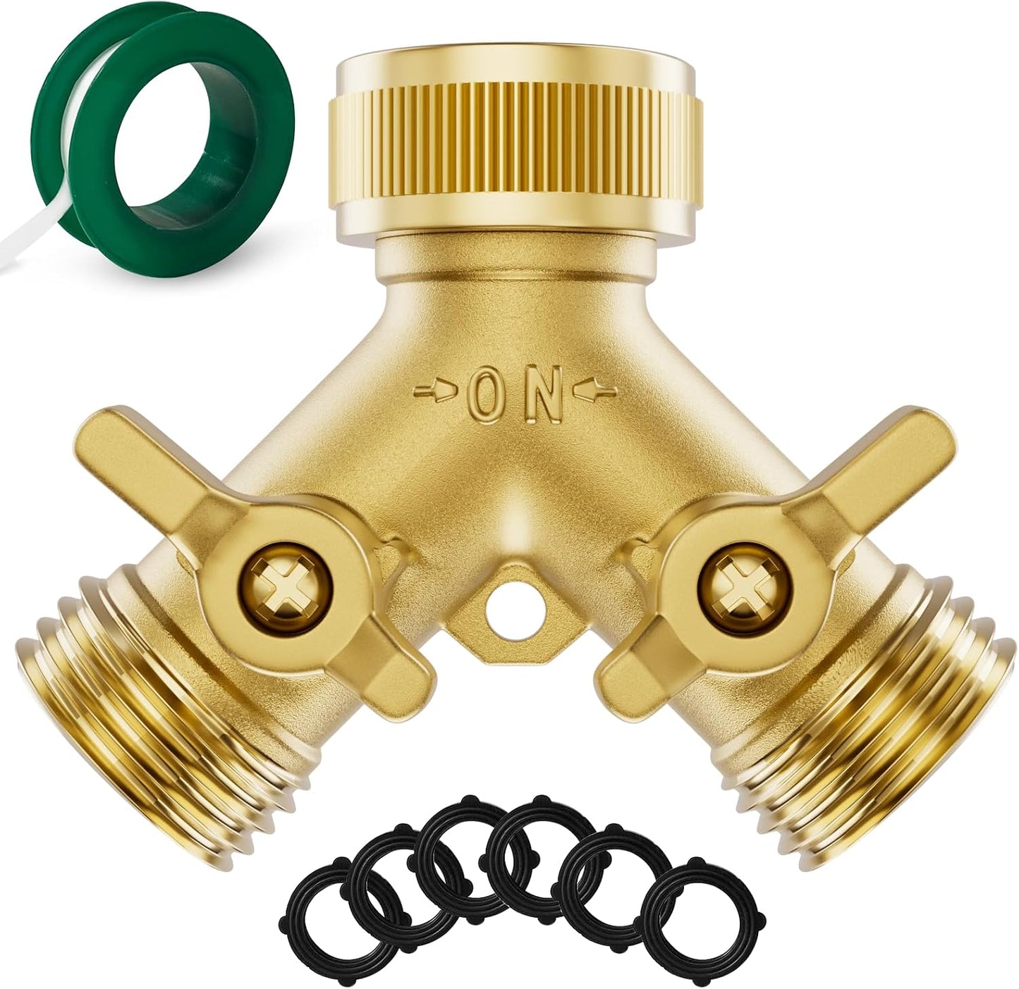 SPECILITE Heavy Duty Brass Garden Hose Splitter 2 Way, Water Hoses Y Connector with 6 Extra Rubber Washers, 1 Teflon Tape for Water Tap, Outlet