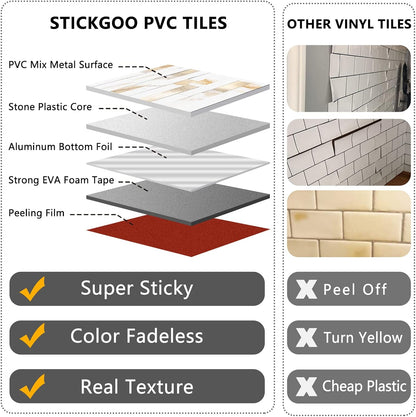 STICKGOO 20 Sheets Peel and Stick Backsplash Tile, Stick on Backsplash for Kitchen and Bathroom, White Sandstone Look PVC Mixed Metal Gold Self Adhesive Wall Tiles
