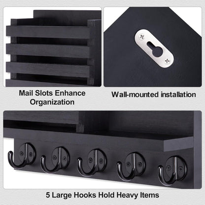 Wall Key Hook, Mail Organizer with 5 Metal Key Hooks, Decorative Key Rack Wall Mount, Tung Wood, 11.8 x 6.7 inches, Includes mounting Hardware (Brown)
