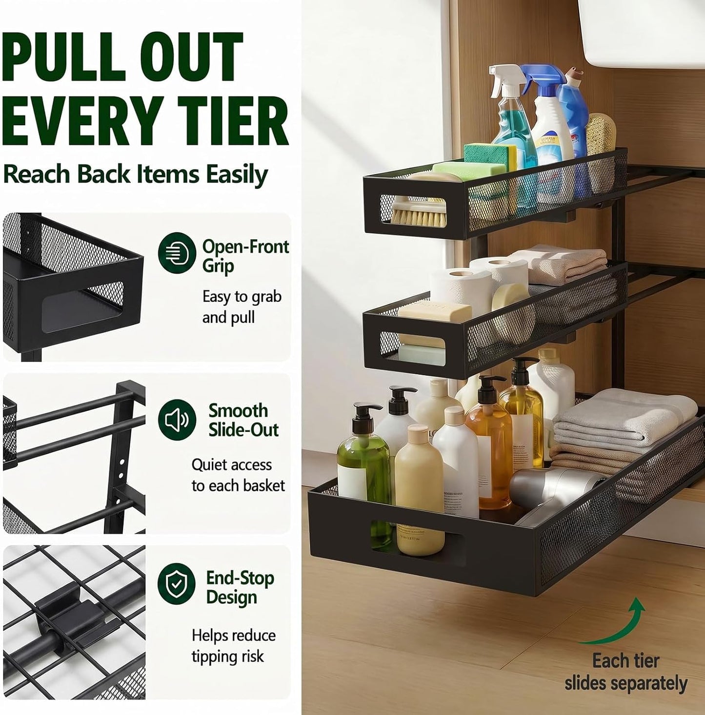 3 Tier Under Sink Organizer,2 Pack Pull Out Cabinet Shelves with Adjustable Height,Heavy Duty Carbon Steel L-Shaped Storage for Kitchen Bathroom Sink,Pantry & Laundry,White