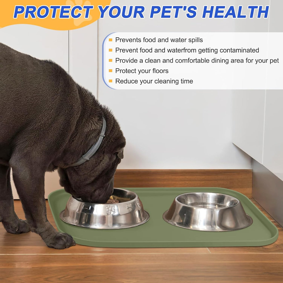 SMILOOL Silicone Pet Food Mat with Raised Edge for Food and Water Bowl, Dog Feeding Mats, Cat Food Trays for Floor Waterproof, Rubber Tray for Dogs and Cats, 19 x 12 x 0.7 Black