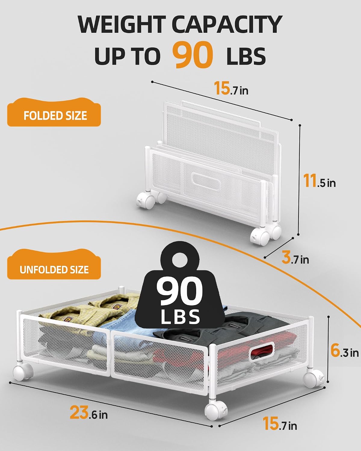 Under Bed Storage with Wheels, Foldable Metal Under Bed Storage Containers, 60L Rolling Underbed Storage, Easy Assembly Under The Bed Storage for Bedroom Clothes Shoes Blankets