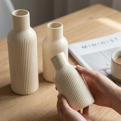 White Ceramic Flower Vases Set of 3, Modern Matte Vertical Ribbed, Nordic Minimalist Decor for Pampas, Dried & Fresh Flowers, Centerpiece for Living Room, Shelf, Entryway, Wedding,Office