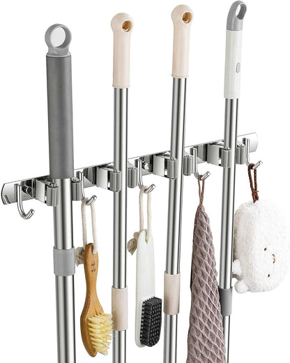 Broom Holder Wall Mount, Stainless Steel Broom Hanger Wall Mount, Heavy Duty Mop and Broom Holder Tool Racks Utility Hooks for Laundry Room Garden Garage, Black (4 Racks and 5 Hooks)