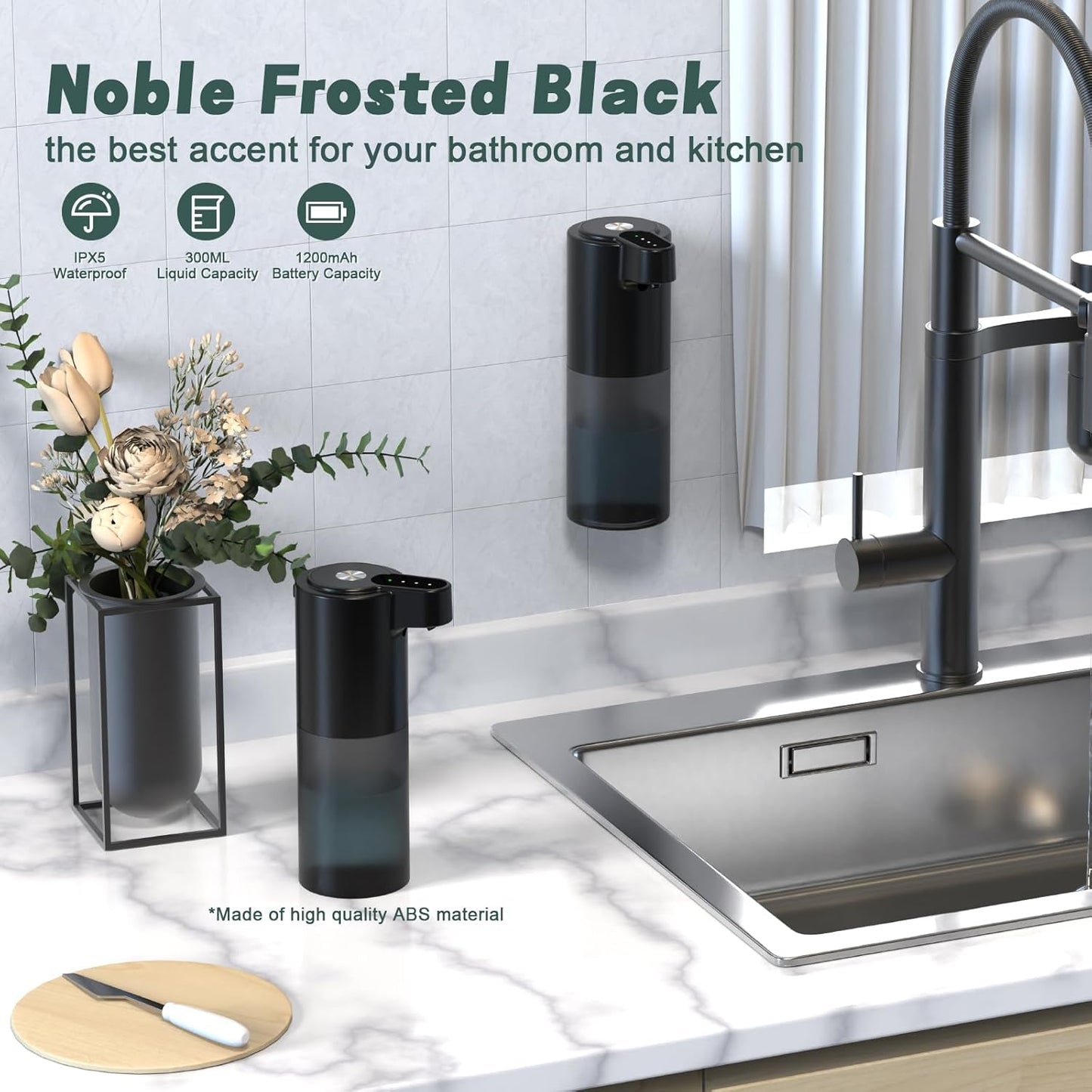 Automatic Foaming Soap Dispenser USB C Rechargeable Hand Soap Dispenser for Bathroom Touchless Dish Soap Dispenser for Kitchen IPX5 Waterproof, Matte Black