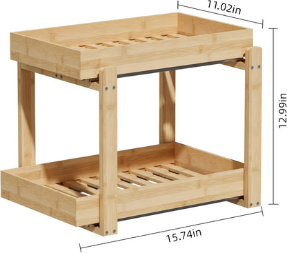 APRTAT 2 Pack Under Sink Organizer, Bamboo Wooden 2-Tier Pull-Out Storage with Sliding Drawers for Kitchen and Bathroom Cabinets, Easy Installation (Natural, 2 Packs)