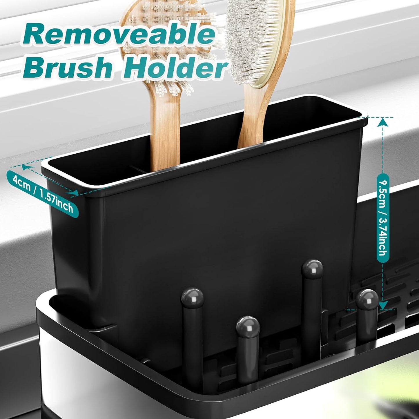 Ewaiira Stainless Steel Sink Caddy, Sponge Holder for Kitchen Sink with Brush Holder and Towel Rack, Sink Organizer for Countertop, Soap Dispenser Kitchen Organizers Storage Essentials (A-Black)