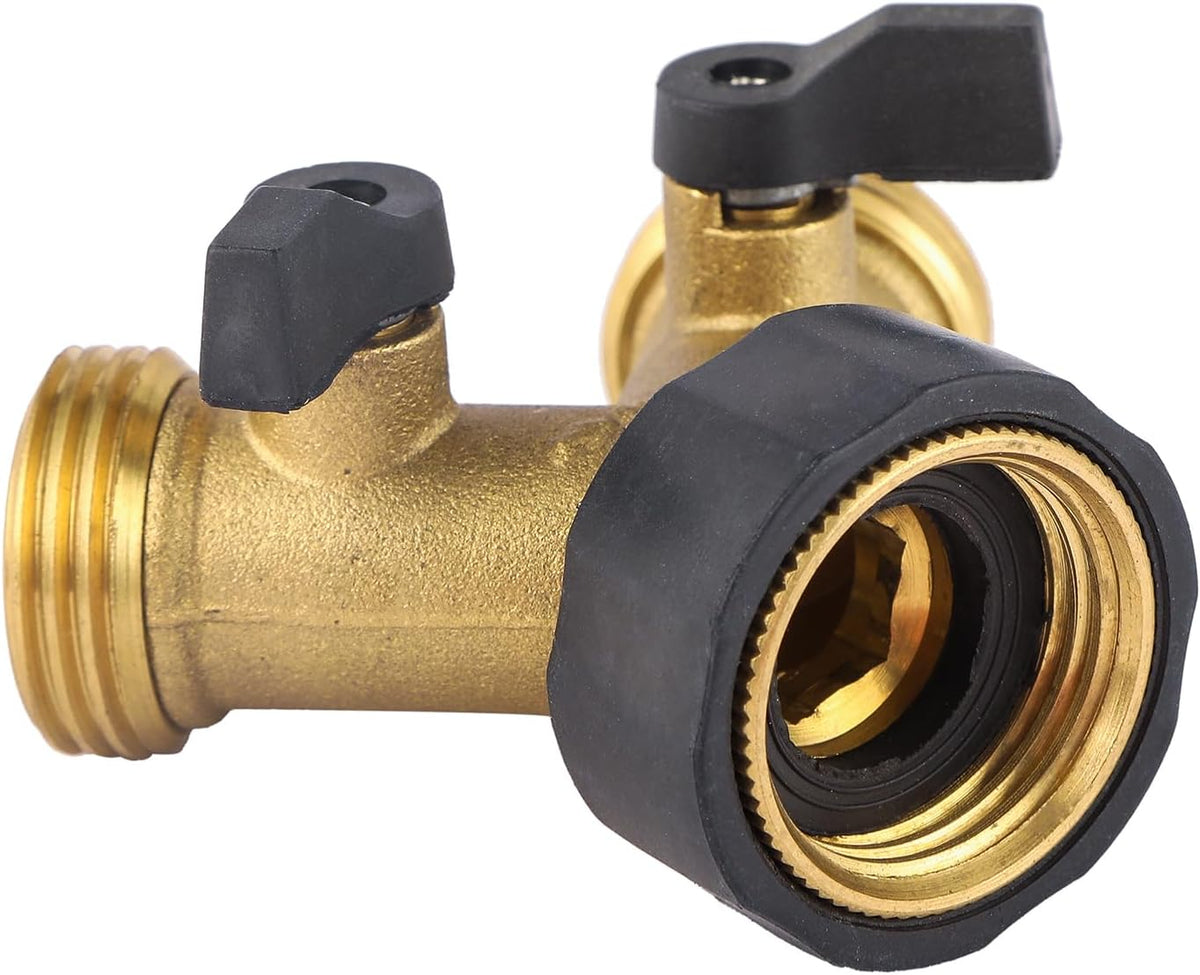 Garden Hose Splitter 2 Way Heavy Duty, Brass Faucet Adapter With Rubber Grip Handle For Gardening Water Hose Shut Off Valve Hose Connector Fittings Outdoor Water Spigot Hose Bib Y Splitter