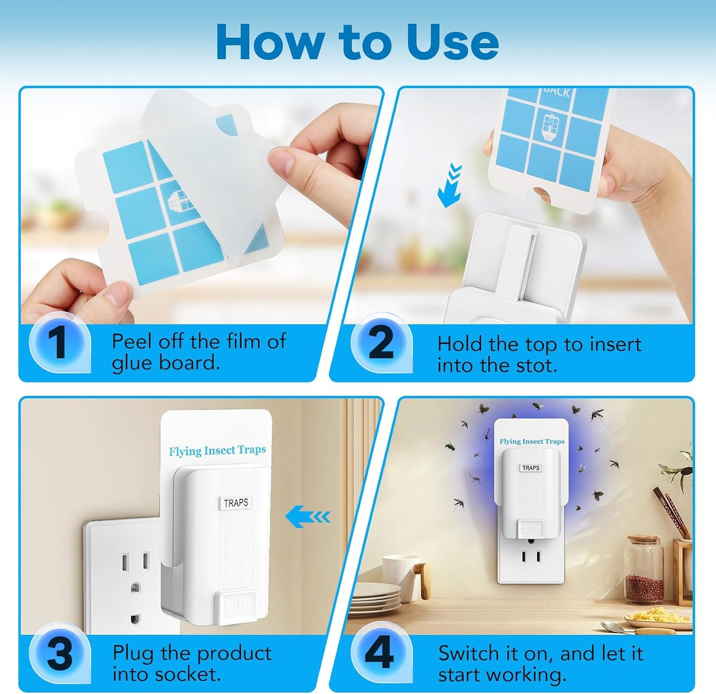 Indoor Fly Trap, Plug-in Fruit Fly Trap with 2 Devices and 6 Sticky Refills, Gnat Trap for Fruit Flies, Gnats, Flies, Moths and Other Flying Insects