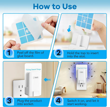 Indoor Fly Trap, Plug-in Fruit Fly Trap with 2 Devices and 6 Sticky Refills, Gnat Trap for Fruit Flies, Gnats, Flies, Moths and Other Flying Insects