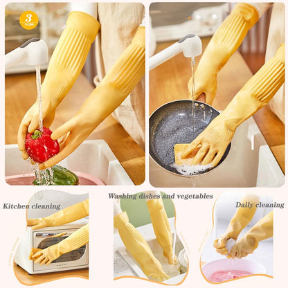 3-Pair 17.8-Inch Elbow-Length Reusable Rubber Waterproof Household Cleaning and Kitchen Dishwashing Gloves - Medium Size