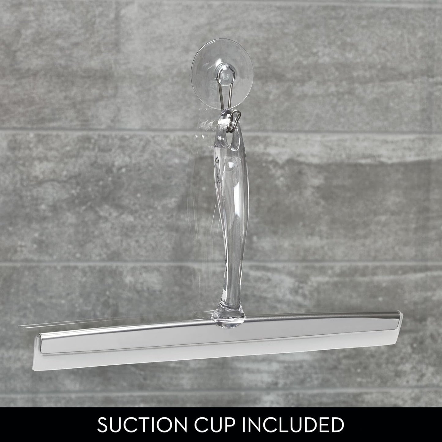 iDesign Zia Metal and Plastic Bathroom Squeegee for Shower, Glass Doors, Floors, Mirrors, with Suction Hook Holder , 12 Inches, Clear and Stainless Steel