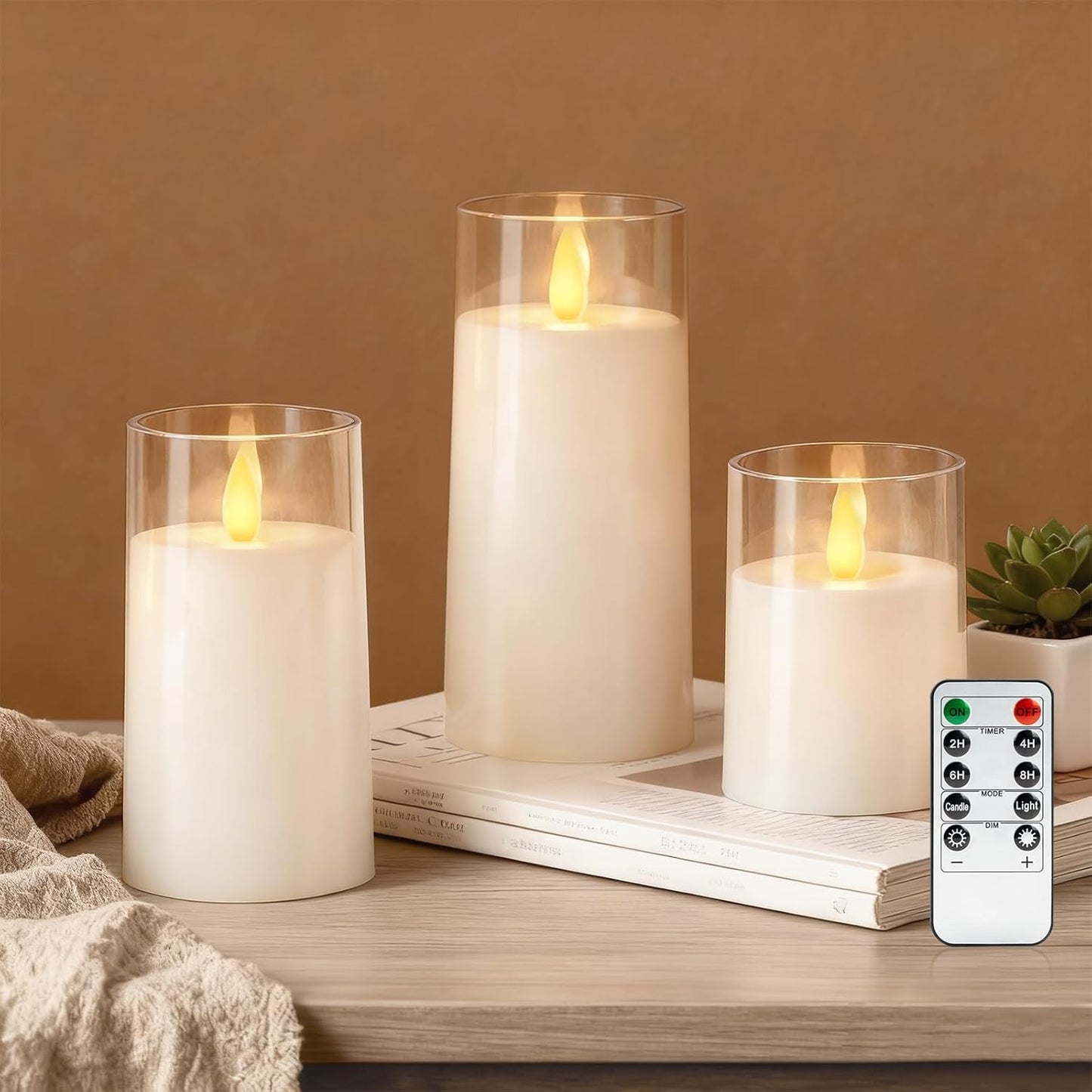 Raycare Flameless Electronic Pillar Candles with Remote Control and Timer- Battery Operated Realistic Flickering LED Fake Candle for Home, Wedding, Valentine's Day, Decor,White,Set of 2(3"x6"6")
