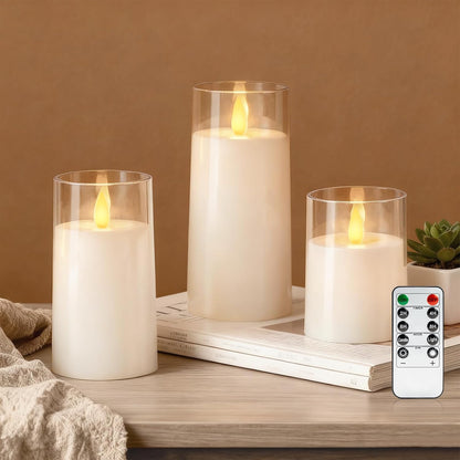 Raycare Flameless Electronic Pillar Candles with Remote Control and Timer- Battery Operated Realistic Flickering LED Fake Candle for Home, Wedding, Valentine's Day, Decor,White,Set of 2(3"x6"6")