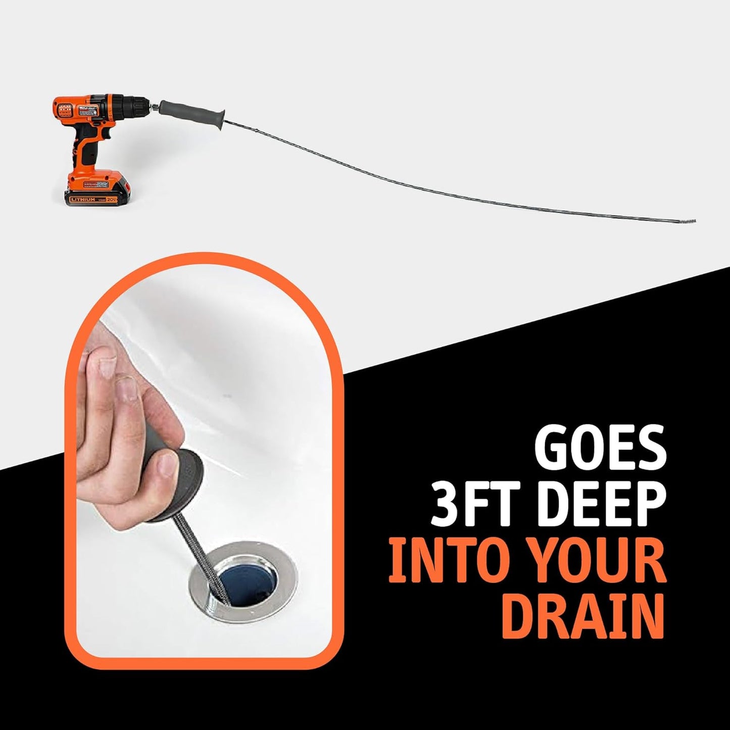 DrainShroom Drain Snake Auger, 36 Inch, Power Drill Attachment, Hair Clog Remover for Bathroom Sink and Bathtub, Stainless Steel, Matte Black