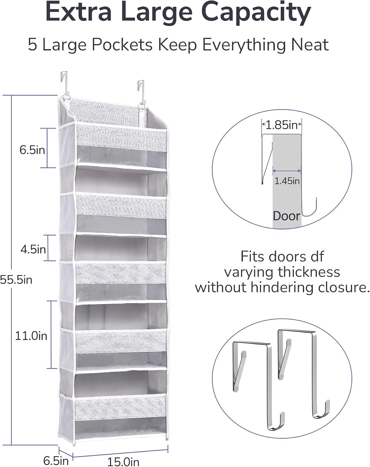 ULG 1 Pack Over Door Organizer with 5 Large Pockets 10 Mesh Side Pockets, Upgraded Linen Texture Over The Door Storage, 44 lbs Weight Capacity Hanging Storage Organizer, Ivory