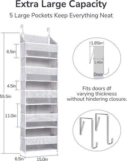 ULG 1 Pack Over Door Organizer with 5 Large Pockets 10 Mesh Side Pockets, Upgraded Linen Texture Over The Door Storage, 44 lbs Weight Capacity Hanging Storage Organizer, Ivory