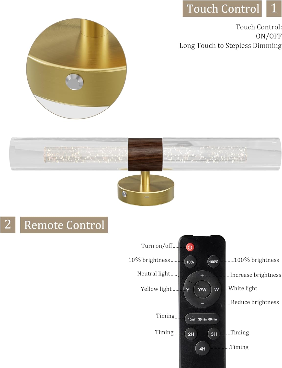 10000mAh Battery Operated Wall Sconce Set of 2, Rechargeable Wireless Wall Lights with Remote Control, Dimmable Timer 3 Color Temperature Glass Wall Lamp for Living Room Bedroom Gold 21.5 Inch