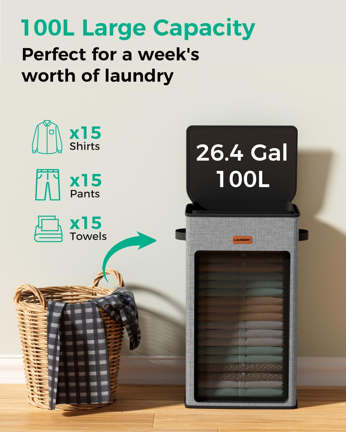 150L 2-Section Laundry Hamper with Lid – Removable Bag, Double Compartment Clothes Hamper for Bathroom, Bedroom, Dorm & Laundry Room
