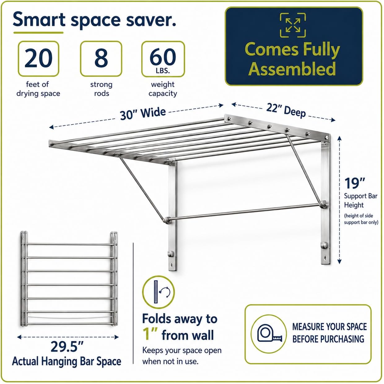 Smartsome | Wall Mounted | Clothes Drying Rack| 22" Wide |15 Linear Feet Capacity | 8 Smooth Round Stainless Steel Rods | 60 lb Capacity | Fully Assembled | Compact Sturdy Space-Saving Design