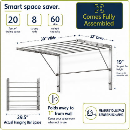 Smartsome | Wall Mounted | Clothes Drying Rack| 22" Wide |15 Linear Feet Capacity | 8 Smooth Round Stainless Steel Rods | 60 lb Capacity | Fully Assembled | Compact Sturdy Space-Saving Design