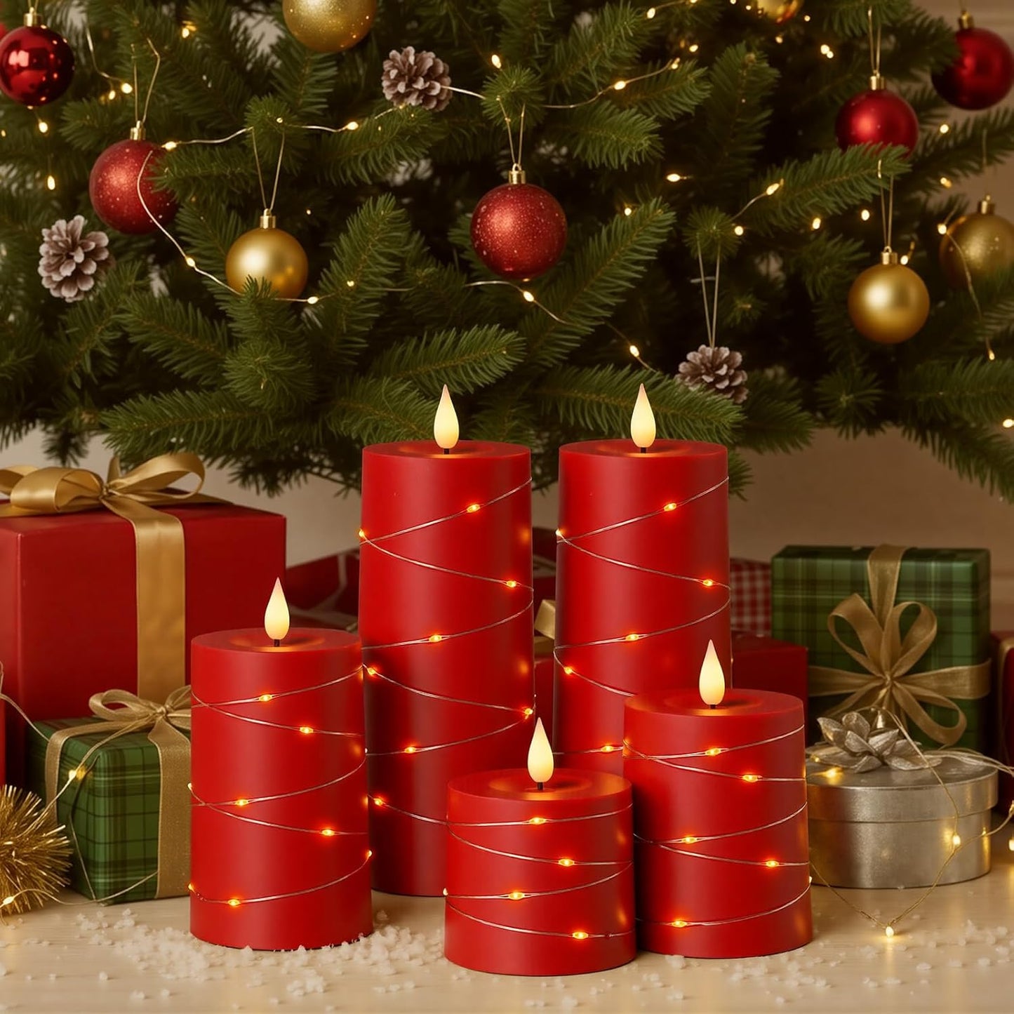 Raycare Flameless Candles with Remote Timer, Flickering Battery Operated LED Pillar Fake Candle with String Lights for Home Decor, Christmas, Wedding and Gift, White, Set of 3