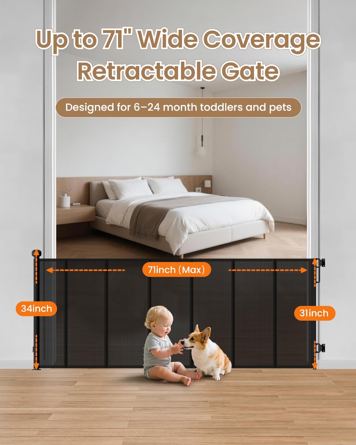 Retractable Baby Gate, 55" Wide Reinforced Mesh Baby Gate with 4 Fiberglass Support Rods for a Tighter Fit, 34" Tall Retractable Dog Gate for Stairways, Hallways and Doorways, Black