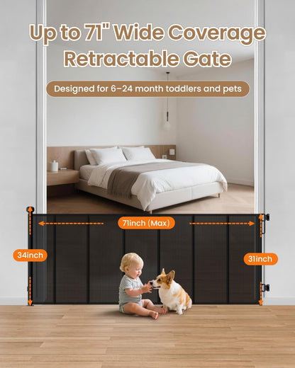 Retractable Baby Gate, 55" Wide Reinforced Mesh Baby Gate with 4 Fiberglass Support Rods for a Tighter Fit, 34" Tall Retractable Dog Gate for Stairways, Hallways and Doorways, Black
