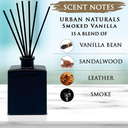 Urban Naturals Smoked Vanilla Reed Diffuser Set with Vanilla Bean, Sandalwood & Leather – 5 Ounce Sleek Black Rectangular Refillable Glass Bottle – Made in the USA