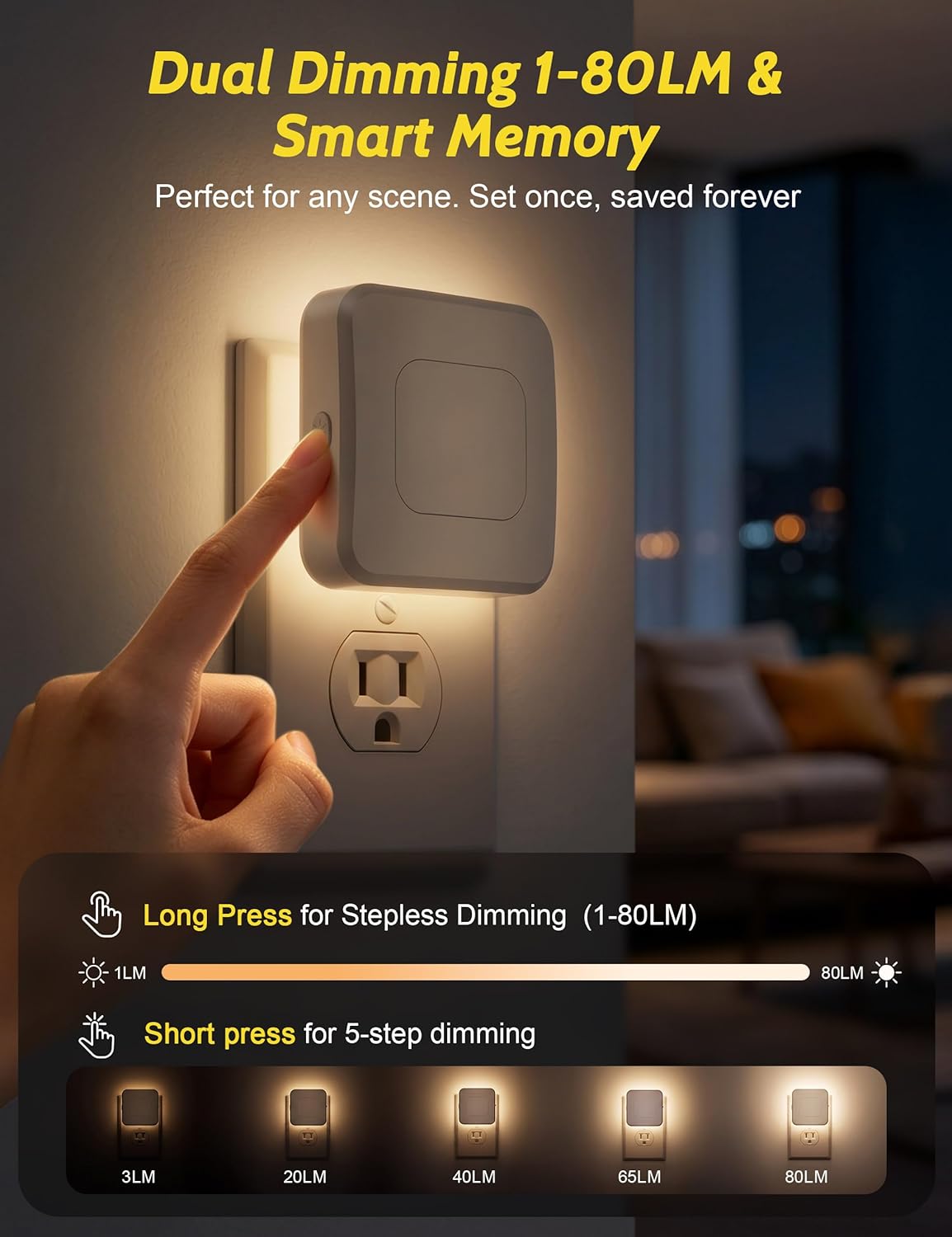Sujeet Motion Sensor Night Light, Dimmable Plug in LED Nightlight 1-80lm Adjustable Brightness, 4 Pack Warm White with Dusk to Dawn Sensor & Backlit, Wall Night Light for Bathroom, Hallway, Stairs