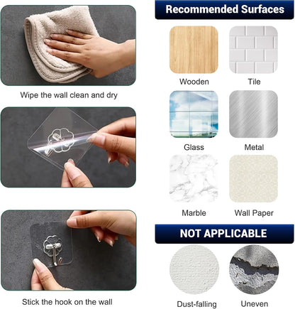 Adhesive Hooks for Hanging, Heavy-Duty Wall Hooks, Self-Adhesive Transparent Hooks, Waterproof Towel & Coat Hooks for Bathroom, Shower, Kitchen, Keys, Doors, Outdoor Use - 25 Pack