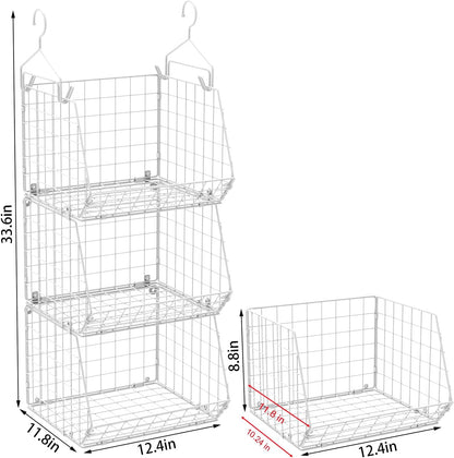 X-cosrack 3-Tier Hanging Closet Organizer, Laundry Room Organization | Space Saving Shelves with 1.65" Hook & 5 S-Hooks | Hanging Wire Baskets (12.4" W x 8.8" H x 10.24-11.8" D)