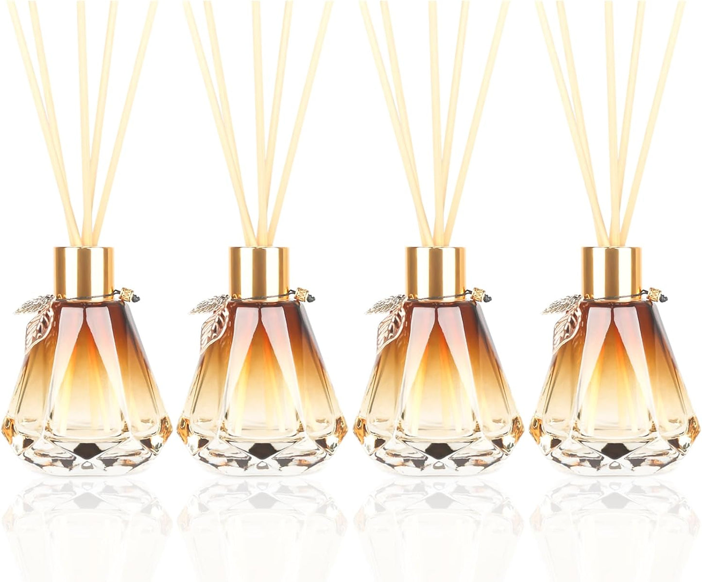 Reed Diffuser Set - 4 Empty Bottles with 20 Sticks, Delicate Gold Leaf Decor, Glass Fragrance Diffuser with Lids for Home, Bathroom | Refillable, Diamond Style (4 PCS Black)