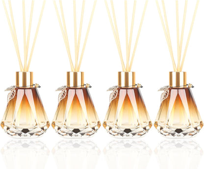 Reed Diffuser Set - 4 Empty Bottles with 20 Sticks, Delicate Gold Leaf Decor, Glass Fragrance Diffuser with Lids for Home, Bathroom | Refillable, Diamond Style (4 PCS Black)