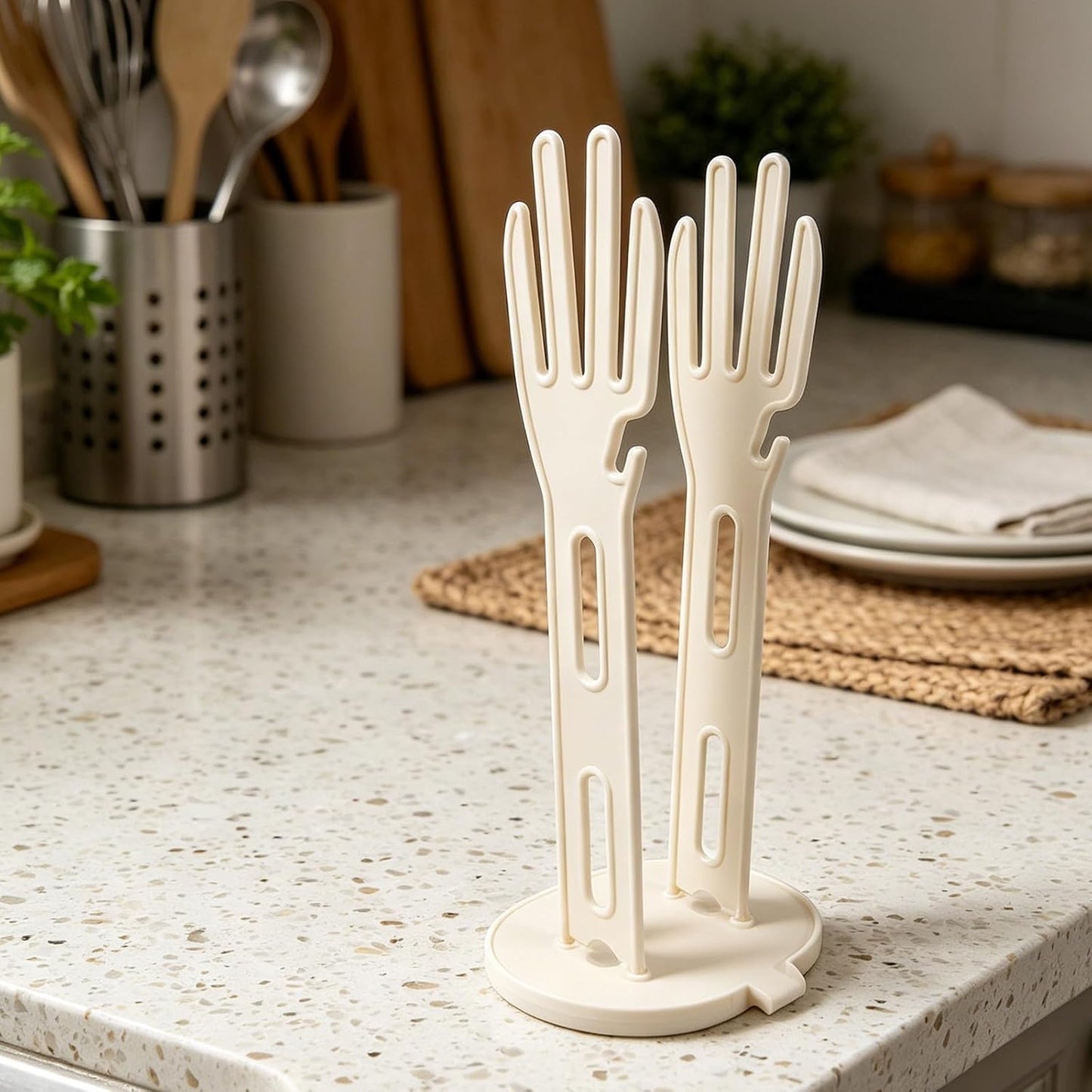 2pcs Kitchen Glove Holder: Reusable Mitten Dryer - Dish Towel Drying Rack - Plastic Palm-Shaped Stand with Side Hook Suction Base for Dishwashing Sink Organizer