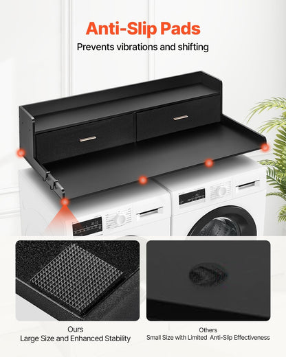VEVOR Washer Dryer Countertop with 2-Tier Shelf, 54" x 27" Wooden Washer and Dryer Countertop with Anti-Slip Pads, Water-Resistant Laundry Topper Cover for Laundry Room Organization and Storage, Black