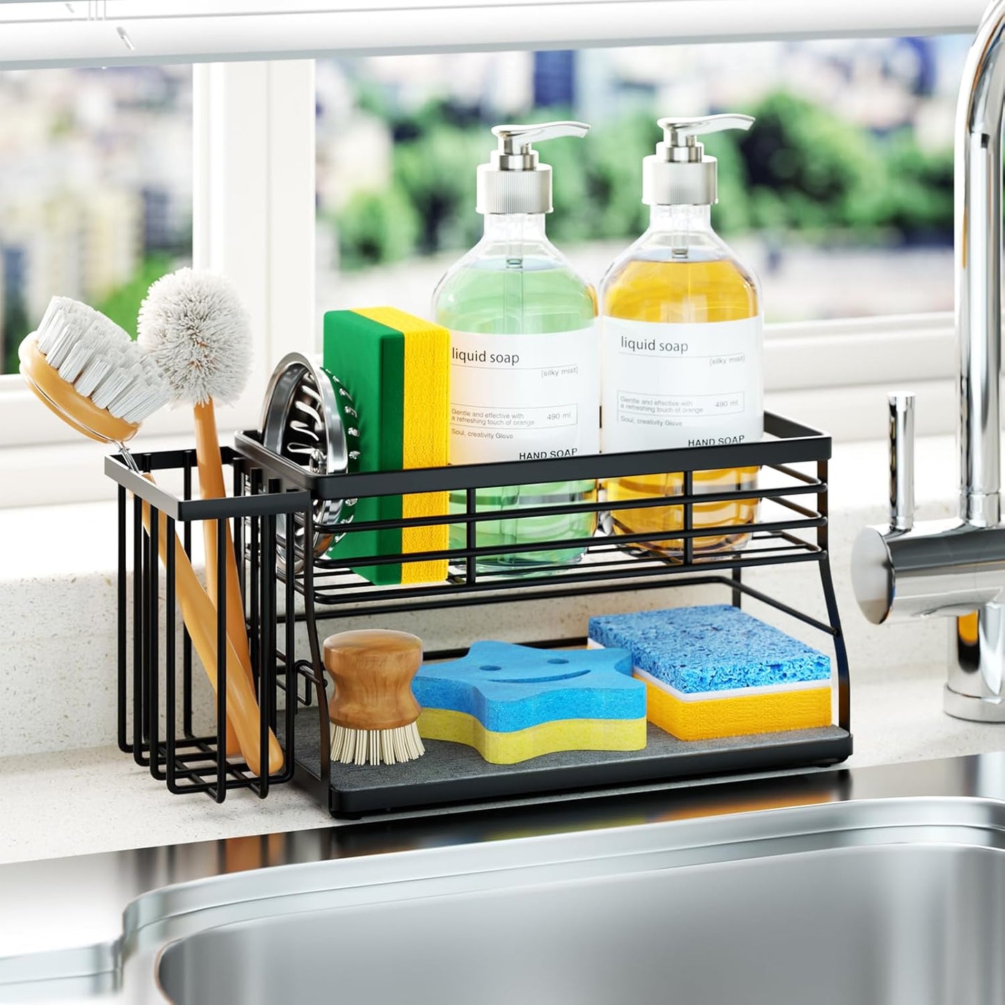 SWTYMIKI Sponge Holder for Kitchen Sink - Sink Caddy with Brush Holder and Stainless Steel Self Drain Tray, Sponge Caddy Organizer with Divider Kitchen Accessories Storage for Countertop, Black
