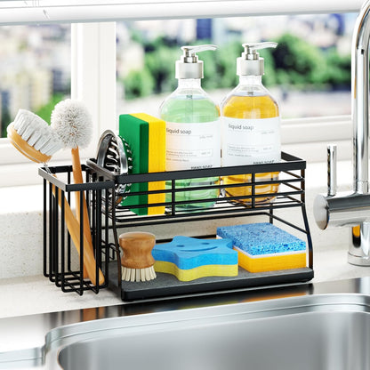 SWTYMIKI Sponge Holder for Kitchen Sink - Sink Caddy with Brush Holder and Stainless Steel Self Drain Tray, Sponge Caddy Organizer with Divider Kitchen Accessories Storage for Countertop, Black