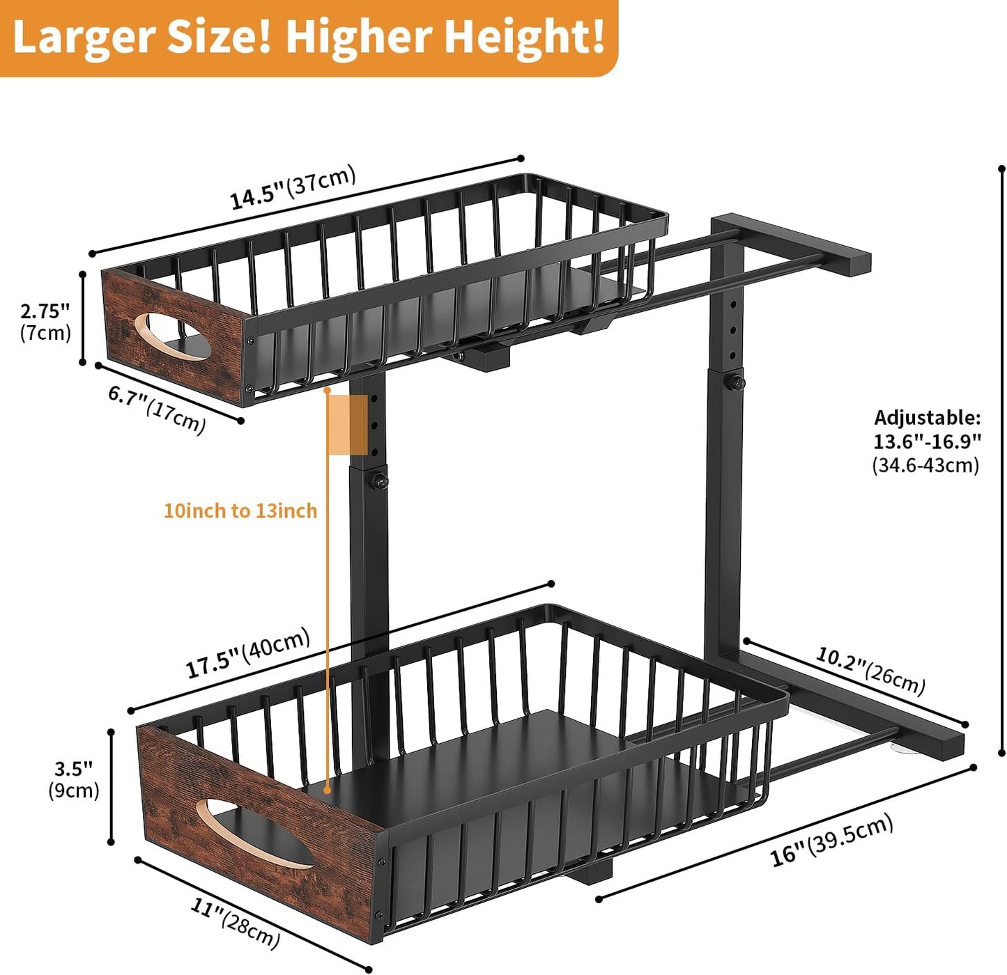 2-Tier Under Sink Organizer with Wooden Drawer Handle, 2 Pack Adjustable Height Pull Out Cabinet Organizer Shelf,Slide out Storage Drawer Rack for Kitchen Bathroom Laundry Room Pantry (Black)