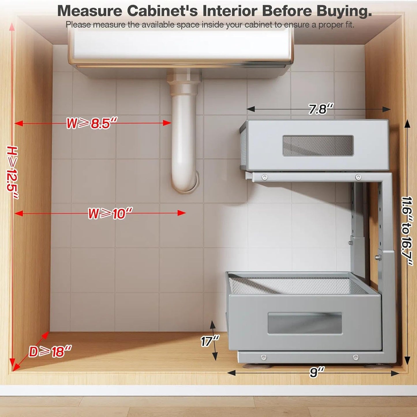 Under Sink Organizer, 2-Tier Dual Pull Out Cabinet Organizer Drawers With Smooth Circular Rail, Large Capacity Metal Mesh Sliding Shelves For Bathroom& Kitchen Storage,Height Adjustable–White,2 Packs