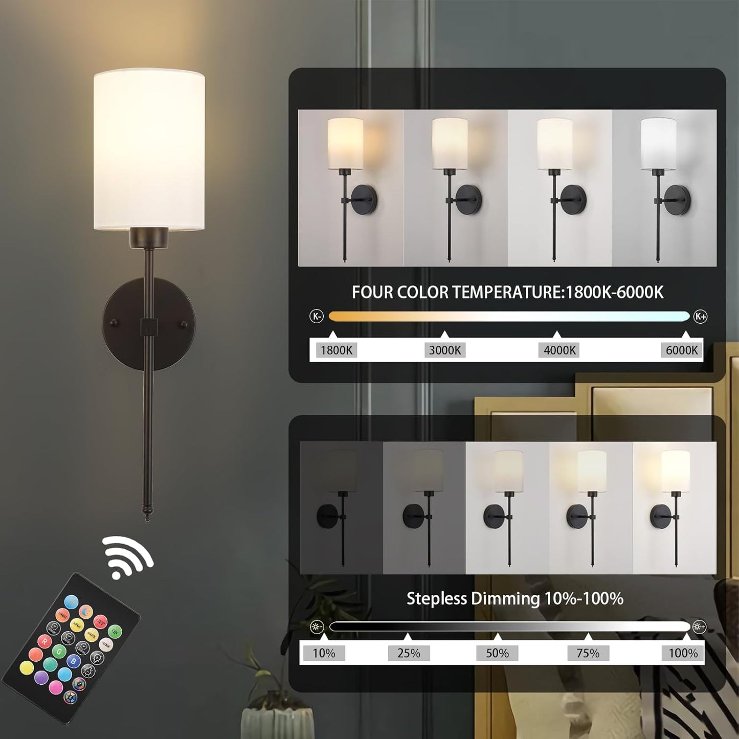 Battery Operated Wall Sconces Set of Two,Wireless Rechargeable Wall Light With Remote Control, Dimmable, Amber Light/Warm White/Natural White/Daylight/RGB, Timer,for Living Room,Bedroom,Entryway,Gold
