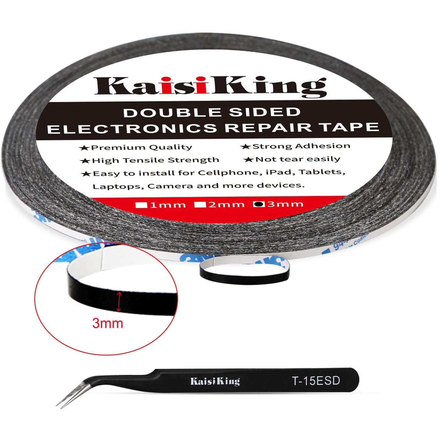 Kaisiking 2mm LCD Repair Tape for Phone Screen, Adhesive Tape with 1 Tweezers for Cell Phone, iPad, Tablets, Laptops, Camera