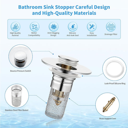 2 Pack Bathroom Sink Stopper for 1.06-1.50in, Universal Drain Filter with Hair Strainer, Universal Bathroom Sink Drain Pop Up Stopper for US Stainless Steel Floor Drain Filter