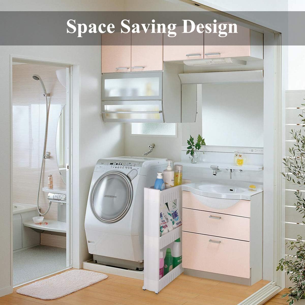Laundry Room Organizer, Mobile Shelving Unit Organizer with 5 Large Storage Baskets, Gap Storage Slim Slide Out Pantry Storage Rack for Narrow Spaces