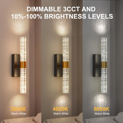 Crystal Battery Operated Wall Sconces Set of 2, Black Rechargeable Wireless Wall Light Fixtures with Remote Control, 3CCT and 12 RGB Dimmable Wall Lamps for Bedroom Living Room Hallway